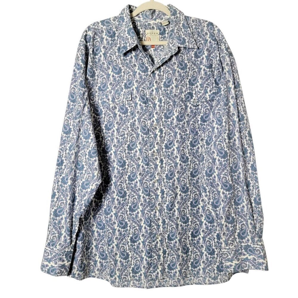 Roper Mens Blue Paisley Print Cowboy Western Pearl Snap Long Sleeve Shirt 2XL